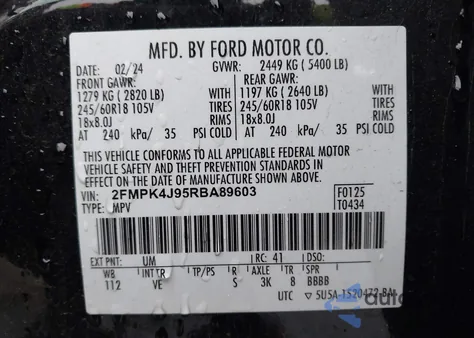 2024 Ford Edge Sel z USA, uszkodzony, nr VIN 2FMPK4J95RBA89603